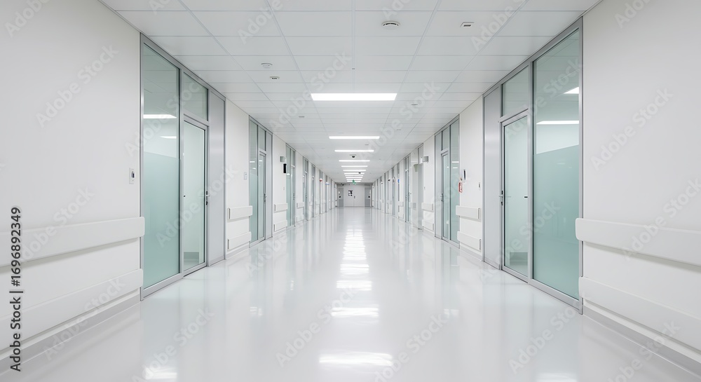 Fototapeta Long Bright Hospital Corridor With Doors and Lights