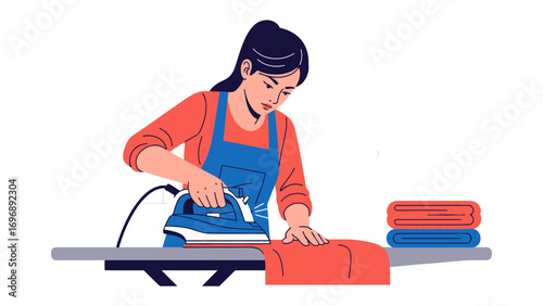 Woman Ironing: A woman delicately irons a vibrant red shirt on an ironing board. She is engrossed in the task, focusing on the crease-free finish, with a stack of neatly folded clothes close by.