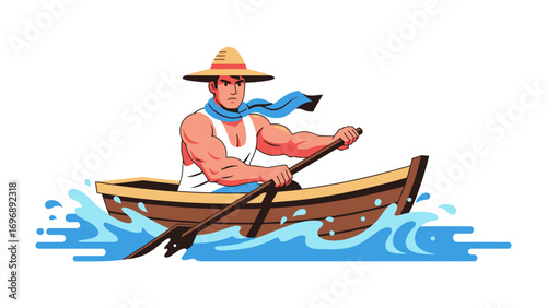 Strength on the Water: A vibrant illustration captures a muscular oarsman confidently navigating his wooden boat through the water, embodying skill and determination.