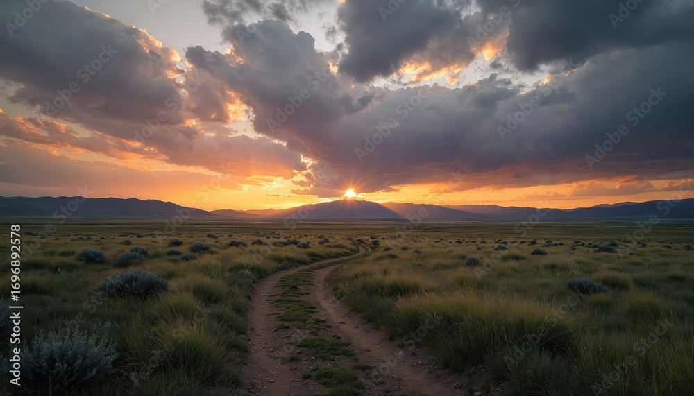 Obraz premium Dramatic sunset over Caribou-Targhee National Forest with sunbeams piercing stormy clouds. Winding dirt road leads through vast grassy meadow towards distant mountains. Vibrant orange, yellow hues