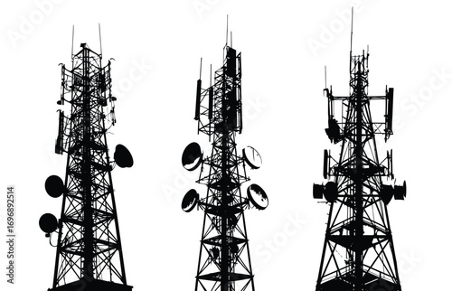 Cell tower vector set, telecommunication antenna towers with satellite dishes, 5G and 4G wireless network infrastructure, radio signal transmission, mobile communication mast silhouette illustration