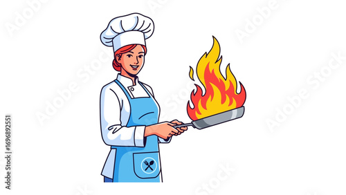 Culinary Blaze: A culinary professional, dressed in chef's whites and a toque, confidently holds a flaming pan, exuding culinary expertise in a stylized illustration.