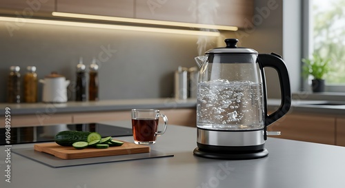 Modern kitchen with boiling water tea and cucumber