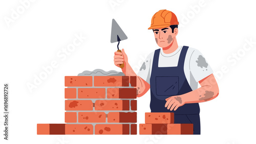 Bricklayer Crafting Walls: A skilled bricklayer meticulously constructing a sturdy wall, his focused gaze and precise movements reflecting dedication to craft.