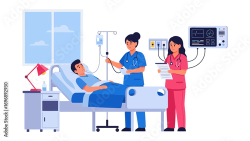 Medical Care in Hospital: In a clean hospital room, a patient receives attentive care from two nurses, highlighting dedication and advanced healthcare. A depiction of compassion, well-being.