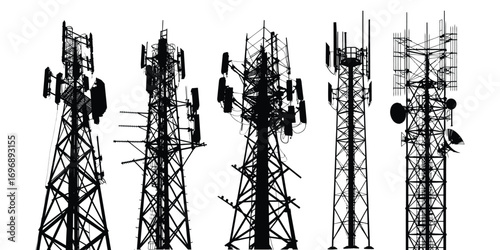 Cell tower vector set, telecommunication antenna towers with satellite dishes, 5G and 4G wireless network infrastructure, radio signal transmission, mobile communication mast silhouette illustration