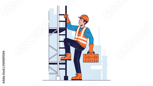 Ascending to Excellence: A construction worker in safety gear, diligently climbs a ladder to a new level of a building under development.