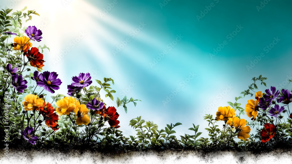 Obraz premium Colourful cosmos flowers in purple, yellow and red create a vibrant floral frame against a sky backdrop, perfect for a greeting card or banner.