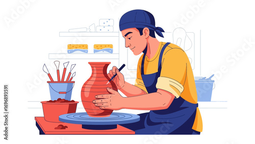 Crafting Clay: A skilled artisan delicately shapes a clay vase on a spinning wheel, immersed in the creative process within the studio setting. 
