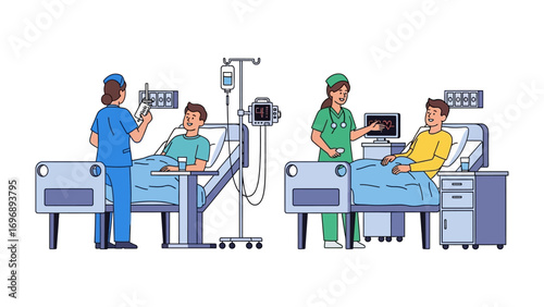 Healthcare Support and Recovery: Two nurses offer dedicated care to patients in hospital beds, illustrating the vital role of medical professionals in the journey to wellness. A scene of care.