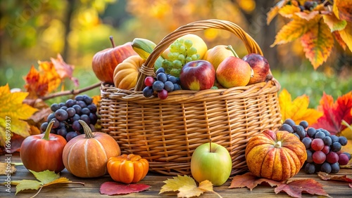 Autumn harvest basket with fruits and vegetables