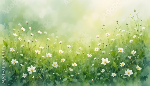 Fototapeta Naklejka Na Ścianę i Meble -  Soft watercolor meadow with delicate white flowers and gentle sunlight