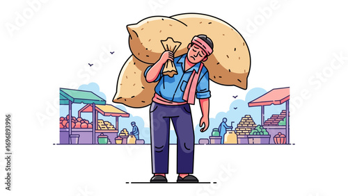 Farmer's Harvest: A farmer, burdened with heavy sacks, navigates through a bustling market scene, illustrating the dedication and toil of agriculture and a life of labor