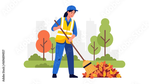 Community Care: A dedicated individual diligently sweeps fallen leaves in a community park, promoting a sense of cleanliness and environmental awareness.