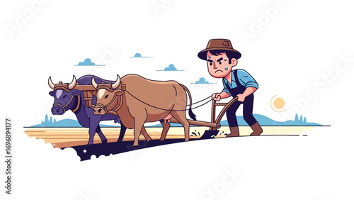 Farmer Plowing Field: A cartoon illustration depicting a farmer, working with oxen to plow a field, in a stylized and charming representation of rural labor. 