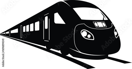 Silhouette of a high-speed train traveling on tracks, representing modern transportation.
