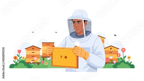 Beekeeper's Craft and Floral Setting: An illustration portrays a beekeeper carefully inspecting a honeycomb frame, surrounded by blooming flowers and apiaries.
