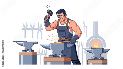 Blacksmith at Work: Witness the art of blacksmithing, as a skilled artisan hammers red-hot metal with precision, in a minimalist and modern style, embodying the essence of craftsmanship and industry.