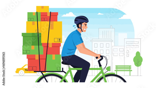 Delivery on two wheels: A cyclist heroically navigates city streets, their bicycle laden with packages, showcasing dedication, resilience, and the spirit of service.