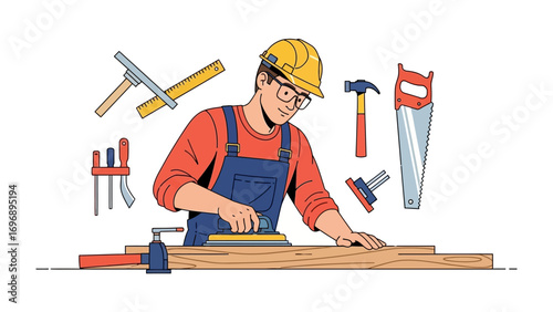 Crafting Dreams: A skilled carpenter, engrossed in woodworking, surrounded by his essential tools, turning raw materials into stunning creations. 
