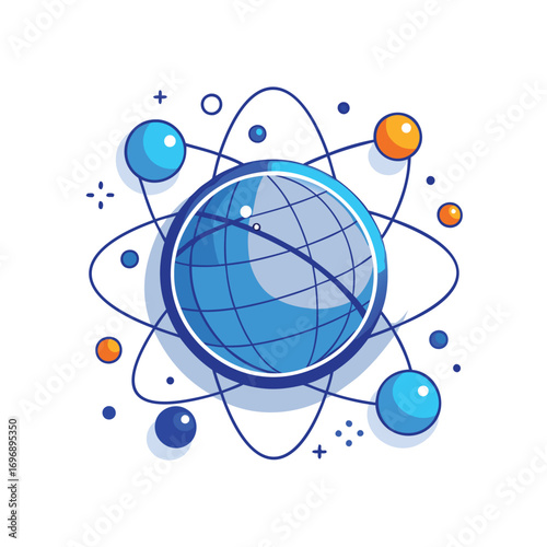 Abstract globe with orbital paths and spheres representing atoms