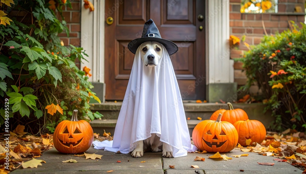 Obraz premium Dog in ghost costume with witch hat sitting beside jack-o'-lantern on autumn leaf-covered path in festive Halloween scene.