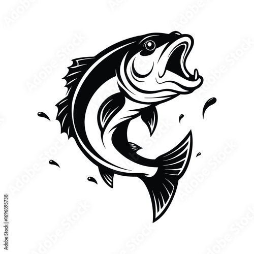 Dynamic black and white illustration of a largemouth bass fish leaping out of water with its mouth wide open and water splashing around it in a dramatic and energetic style