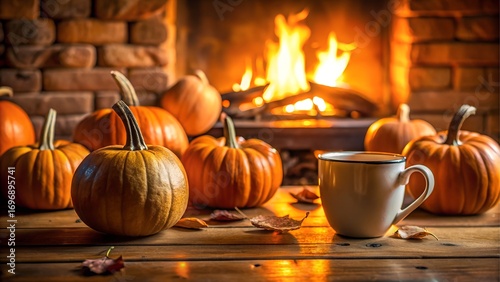 Pumpkins and a warm mug by the fireplace