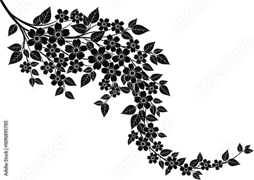 Black and white floral design with flowing branches and blossoms.