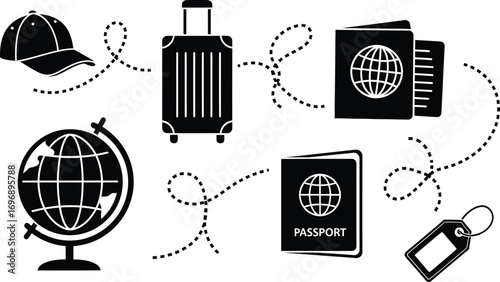 Travel icons: suitcase, passport, globe, cap, tag.