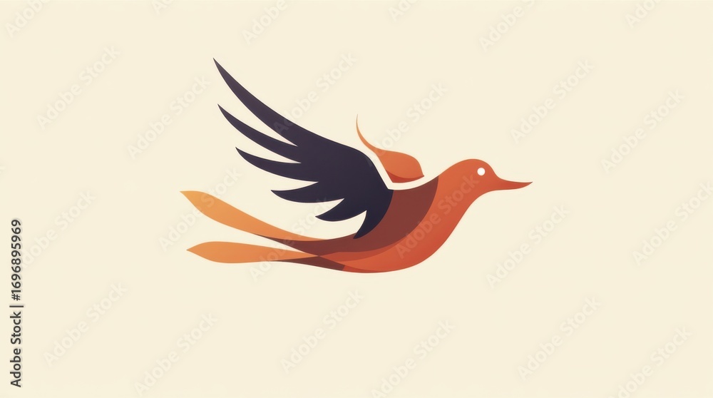 Fototapeta premium Elegant stylized bird mid-flight with flowing shapes and subtle gradients, combining simplicity and dynamic movement for standout merch designs.