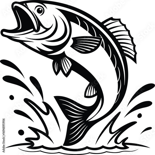 Dynamic black and white illustration of a largemouth bass leaping energetically out of splashing water capturing the thrill of sport fishing and aquatic nature