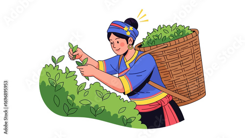 Tea Harvesting Illustration: An illustration of a tea harvester delicately plucks fresh tea leaves from verdant tea bushes, embodying the essence of traditional tea culture.