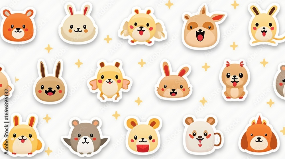 Fototapeta premium Illustration of playful icons and cute characters arranged as a seamless pattern, perfect for stickers, mugs, and other merchandise products.