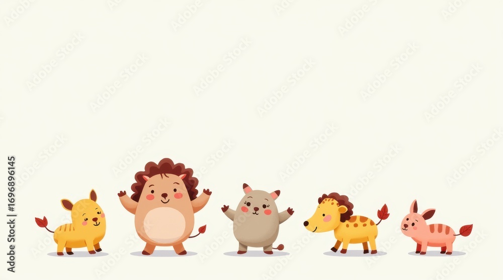 Obraz premium Illustrations of adorable, soft-bodied animals with gentle colors and simple shapes designed to be friendly and appealing for children’s books and educational materials.