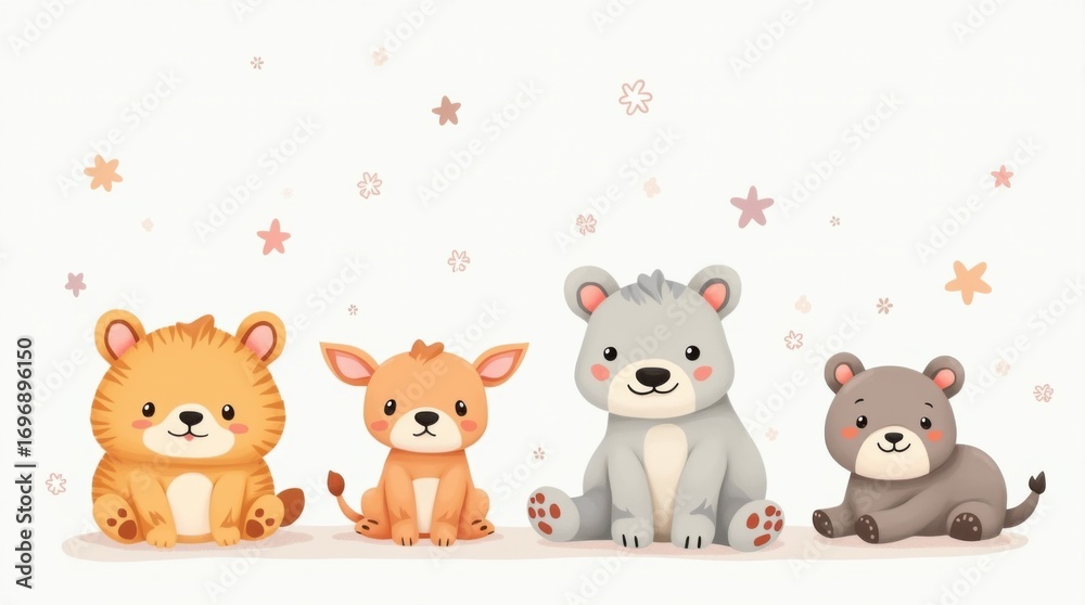 Naklejka premium Illustrations of adorable, soft-bodied animals with gentle colors and simple shapes designed to be friendly and appealing for children’s books and educational materials.