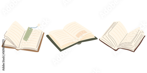 Set of open books with blank pages, bookmark, and simple illustration style. Perfect for education, reading, literature, or library themes.