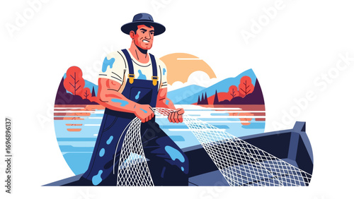 The Fisherman's hard work: A depiction of a fisherman working. He has a determined look on his face. He is working hard on the lake.