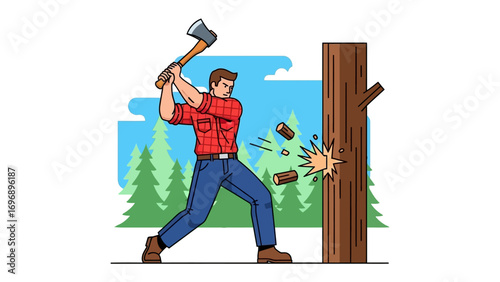 Lumberjack felling tree: A lumberjack, clad in sturdy attire, fearlessly swings an axe, cleaving through a towering tree trunk in a vibrant illustration of strength and manual labor.