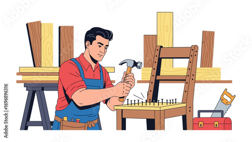 Carpenter at Work: An illustration showcasing a skilled carpenter meticulously crafting a chair with precision and passion.