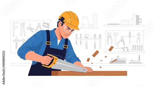 Craftsman at Work: A skilled carpenter meticulously saws through a wooden plank, surrounded by tools of the trade, showcasing precision and dedication in their craft.