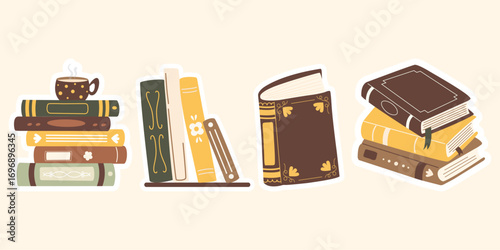 Cute colorful book collection. Set of different stacks and piles of books, open and closed books. Educational theme, scientific and fiction literature. Vector illustration isolated on white background