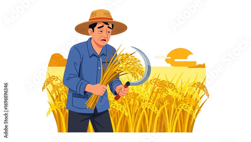 Farmer in the Field : A dedicated farmer stands in his harvested rice field, gazing with concern at the fruits of his labor, embodying diligence and the seasonal rhythm of agriculture.