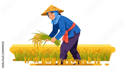 Golden Harvest: An illustrated farmer in traditional attire carefully harvests ripe grain, symbolizing the timeless bond between humanity and the land.
