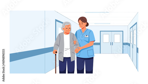 Supportive Stroll: A caregiver assists an elderly person, fostering a scene of support and care in a medical setting, emphasizing companionship and assistance for seniors.