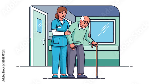 Gentle Care: A dedicated caregiver supports an elderly person as they stroll outdoors, their silhouettes etched against a softly hued background, depicting tender support and compassionate service.