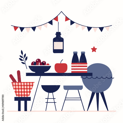 Barbecue party setup with food drinks and patriotic decorations grill