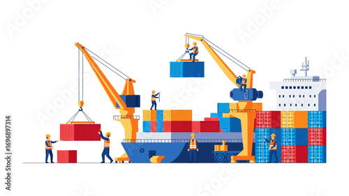 Global Trade in Motion: A dynamic illustration captures the bustling activity of a cargo ship, showcasing the seamless handling of containers during international transport.