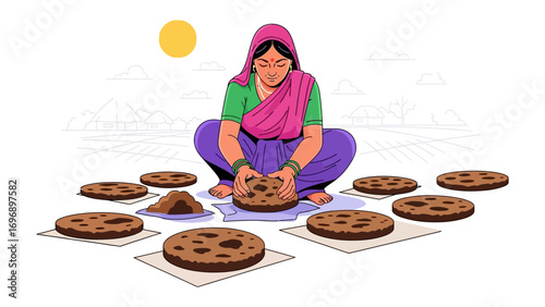 Traditional Craftswoman: A craftswoman, draped in vibrant clothing, sits serenely amidst an array of freshly made circular crafts, bathed in the soft glow of sunlight.