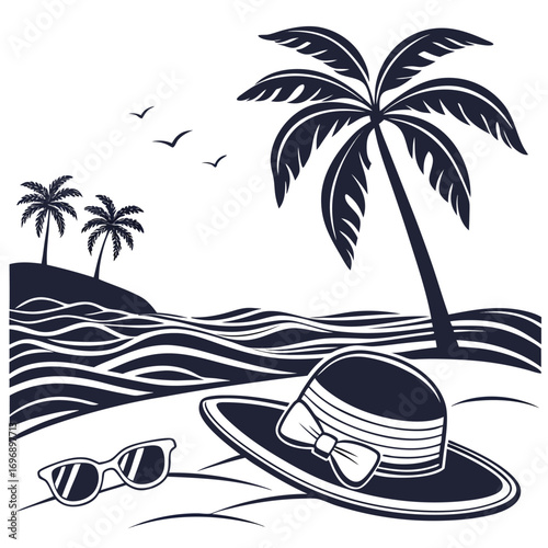 Beach scene with palm trees hat and sunglasses and ocean waves water sand